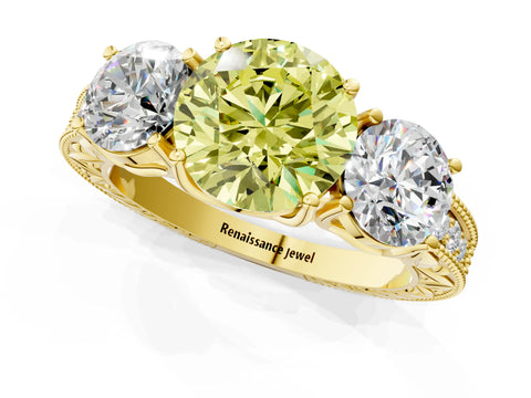 Yellow gold Three-Stone Fancy Yellow Round Cut Cut Milgrain Pavé Engagement Ring_13