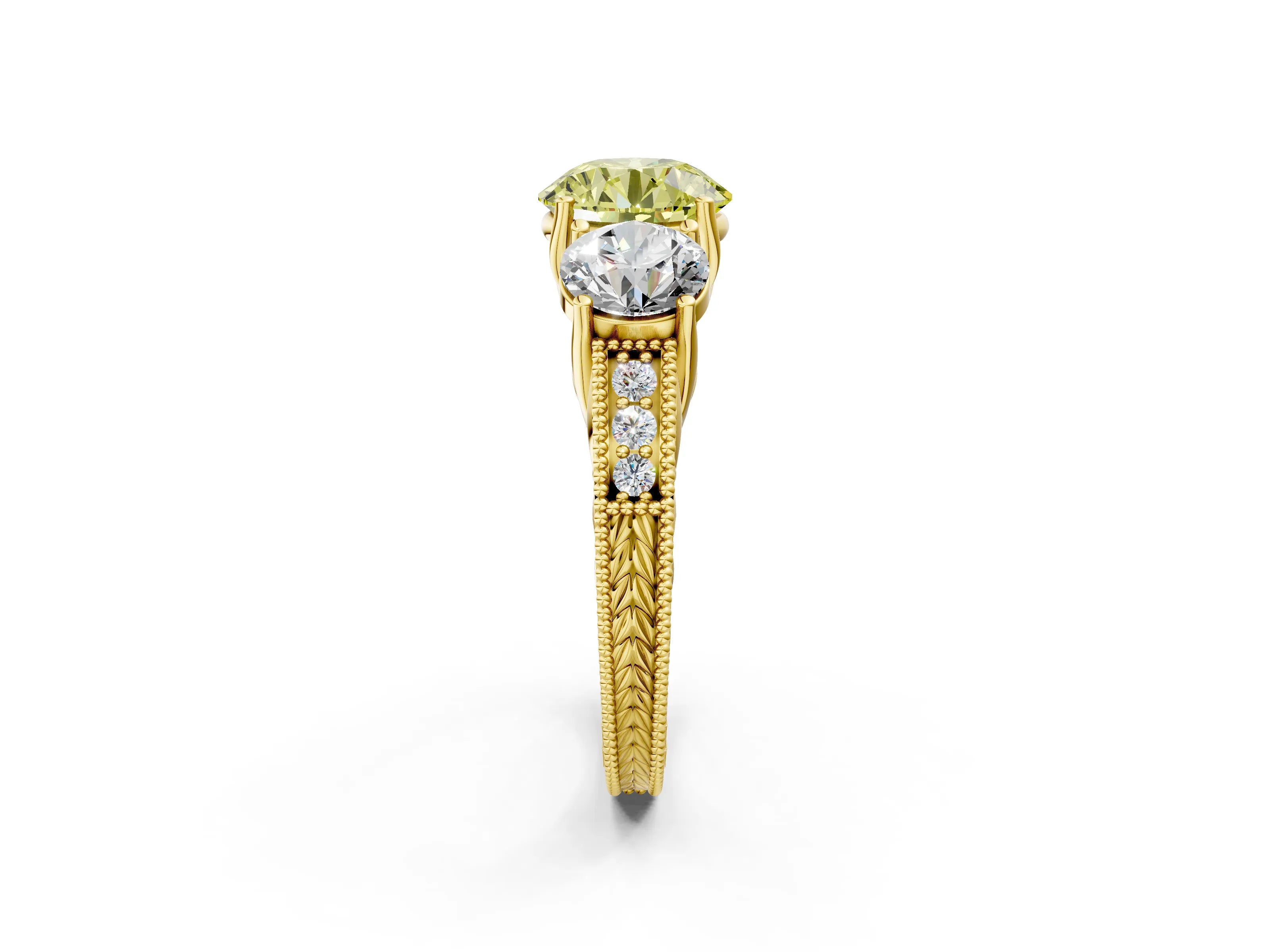 Yellow gold Three-Stone Fancy Yellow Round Cut Cut Milgrain Pavé Engagement Ring_14