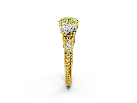 Yellow gold Three-Stone Fancy Yellow Round Cut Cut Milgrain Pavé Engagement Ring_14