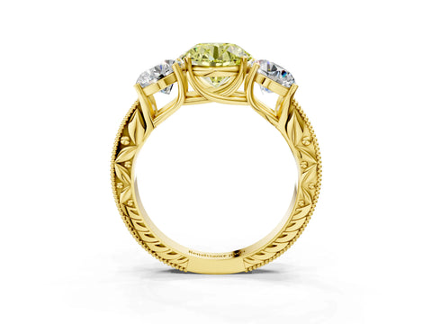 Yellow gold Three-Stone Fancy Yellow Round Cut Cut Milgrain Pavé Engagement Ring_15