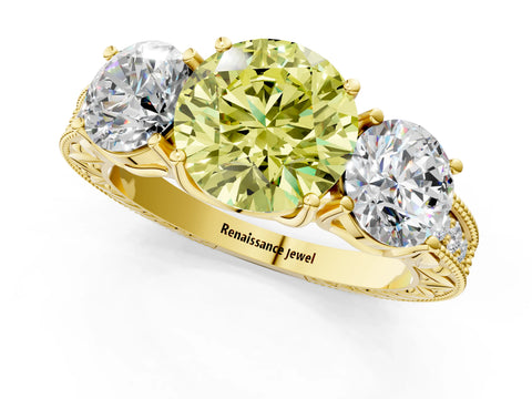 Yellow gold Three-Stone Fancy Yellow Round Cut Cut Milgrain Pavé Engagement Ring_1