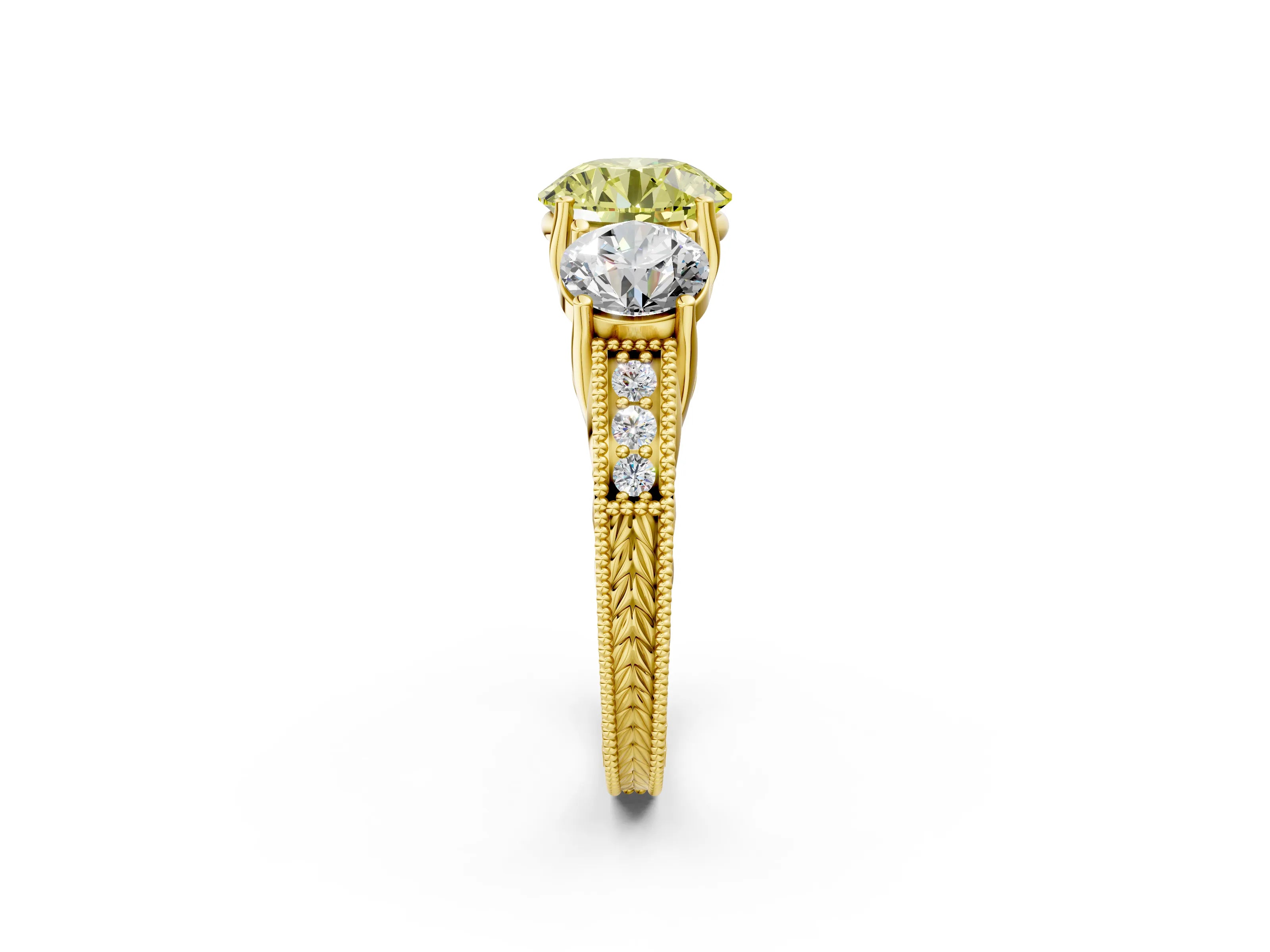 Yellow gold Three-Stone Fancy Yellow Round Cut Cut Milgrain Pavé Engagement Ring_2