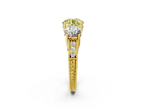 Yellow gold Three-Stone Fancy Yellow Round Cut Cut Milgrain Pavé Engagement Ring_2