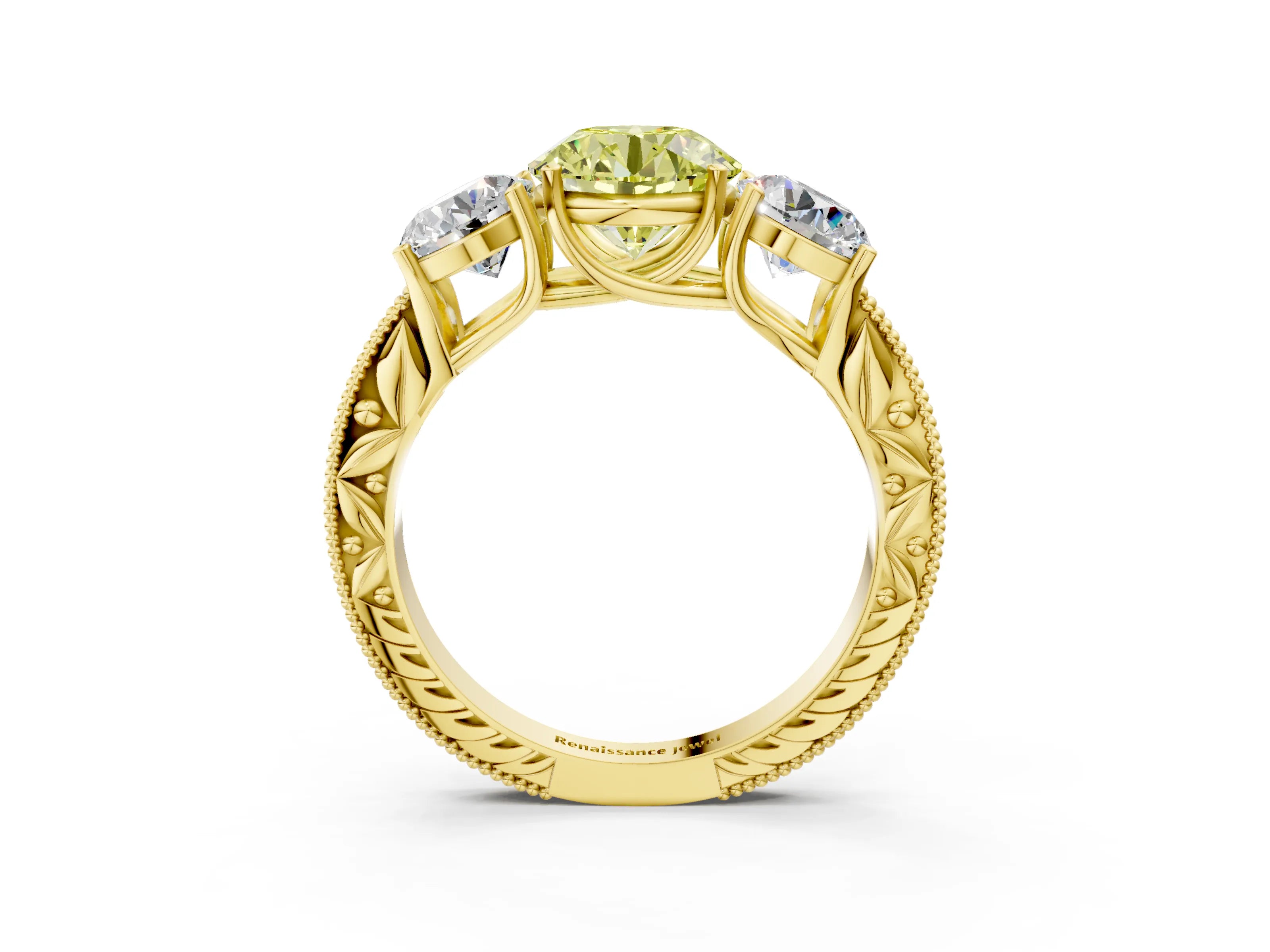 Yellow gold Three-Stone Fancy Yellow Round Cut Cut Milgrain Pavé Engagement Ring_3