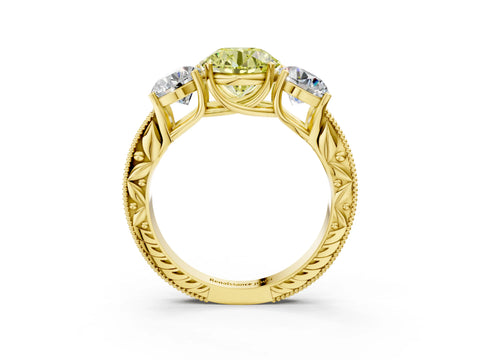 Yellow gold Three-Stone Fancy Yellow Round Cut Cut Milgrain Pavé Engagement Ring_3