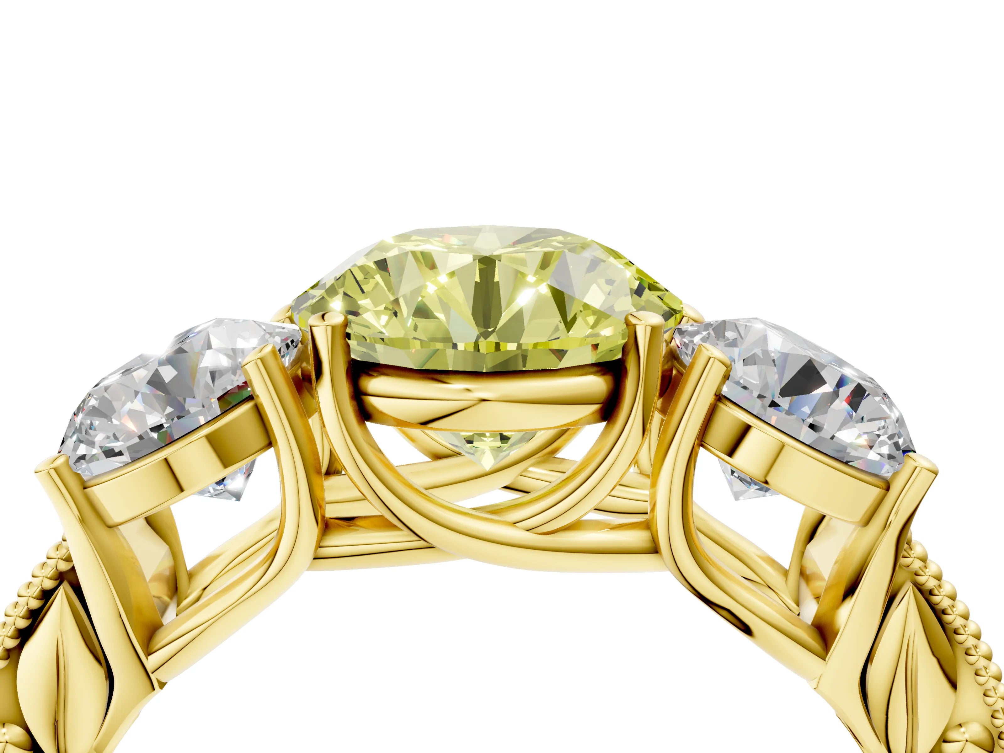 Yellow gold Three-Stone Fancy Yellow Round Cut Cut Milgrain Pavé Engagement Ring_4