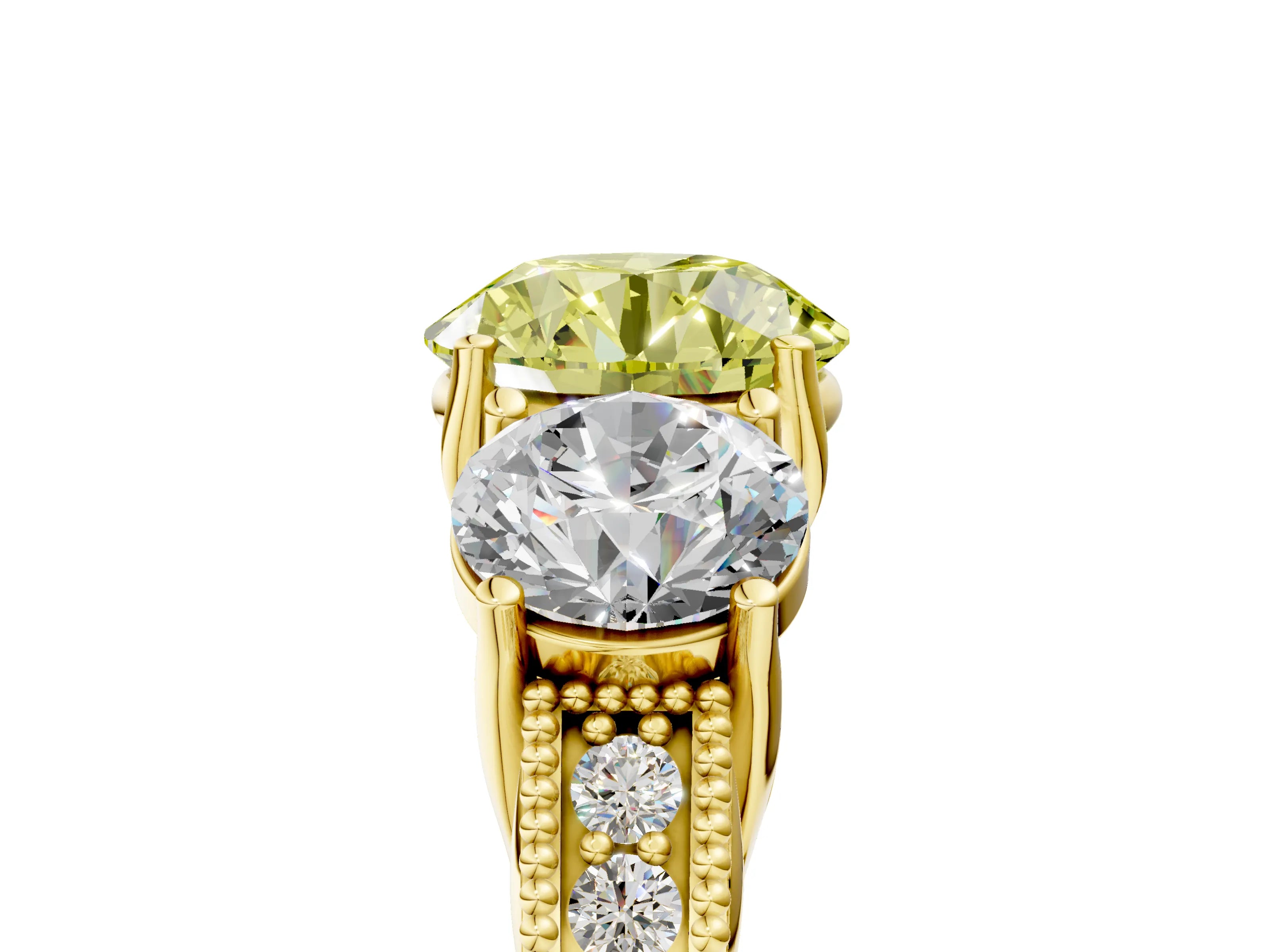 Yellow gold Three-Stone Fancy Yellow Round Cut Cut Milgrain Pavé Engagement Ring_5
