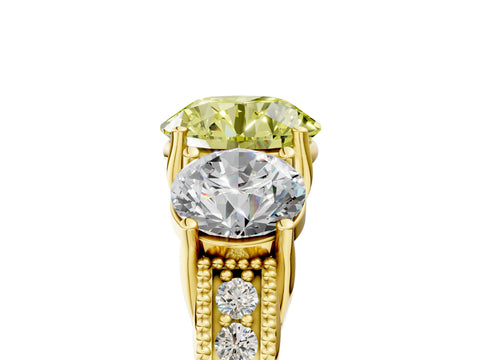 Yellow gold Three-Stone Fancy Yellow Round Cut Cut Milgrain Pavé Engagement Ring_5