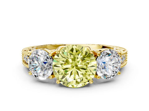 Yellow gold Three-Stone Fancy Yellow Round Cut Cut Milgrain Pavé Engagement Ring
