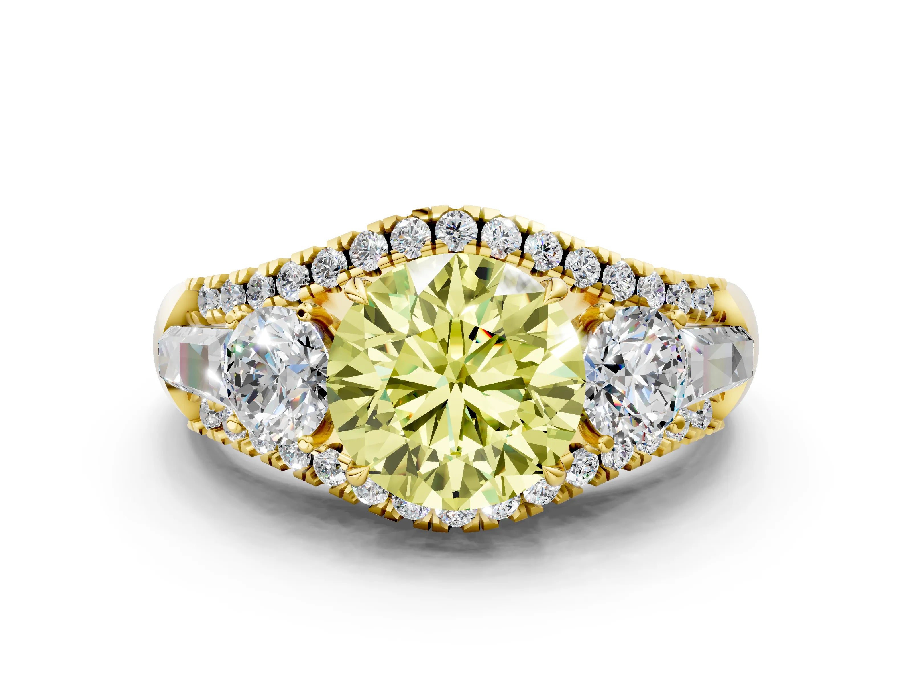 Yellow gold Three-Stone Fancy Yellow Round Cut Diamond Engagement Ring with Pave Band and Prong Setting