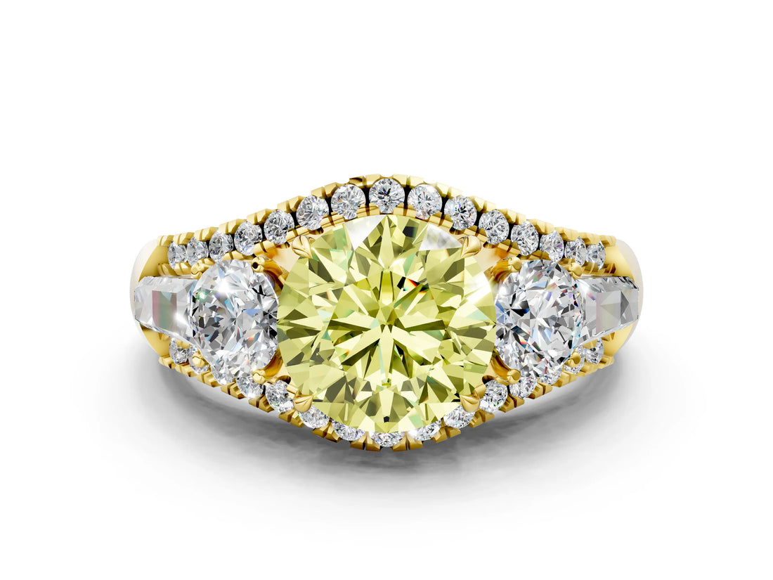 Yellow gold Three-Stone Fancy Yellow Round Cut Diamond Engagement Ring with Pave Band and Prong Setting