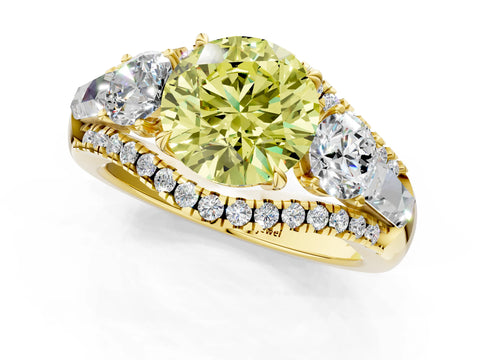 Yellow gold Three-Stone Fancy Yellow Round Cut Diamond Engagement Ring with Pave Band and Prong Setting_1