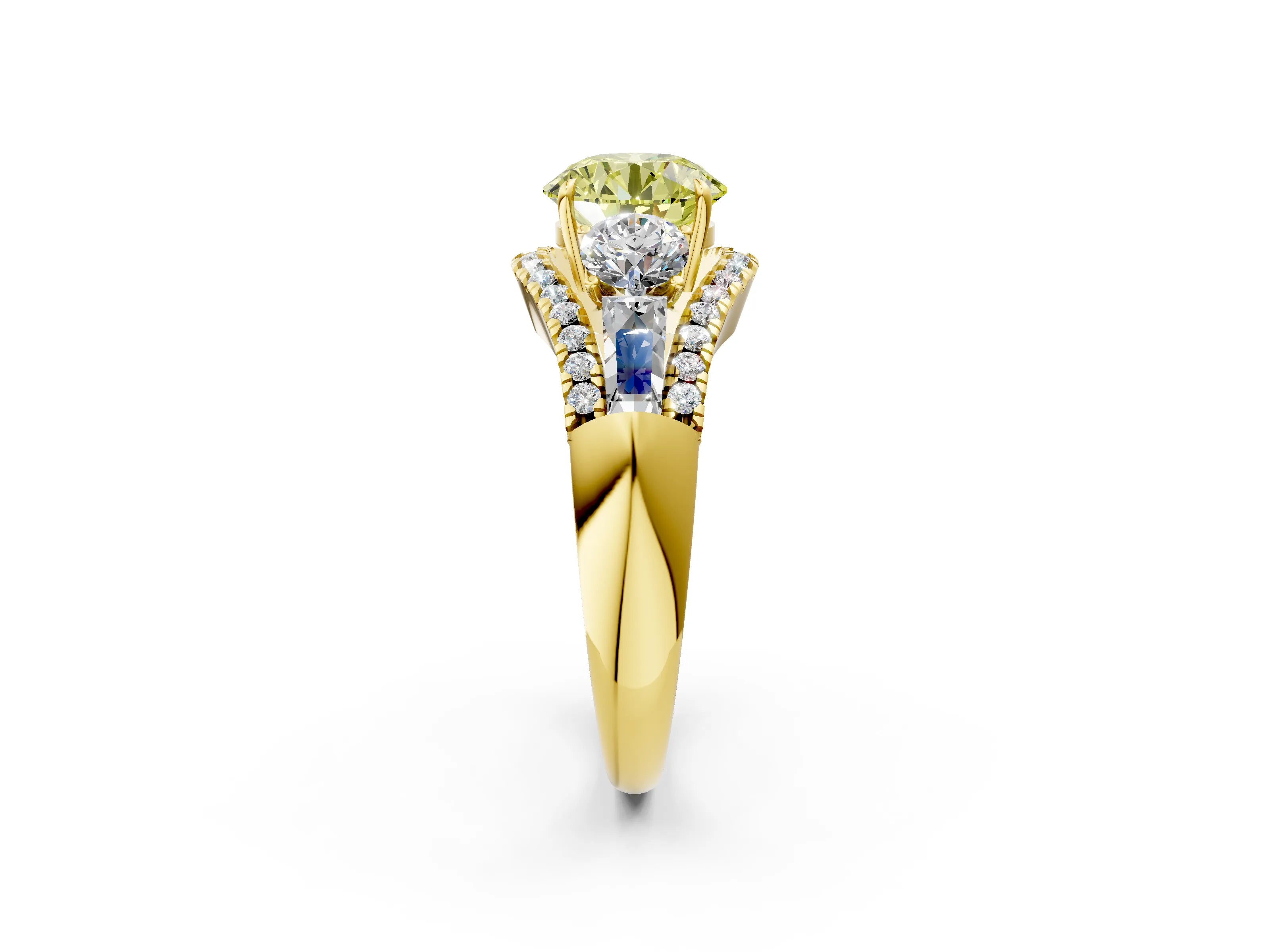Yellow gold Three-Stone Fancy Yellow Round Cut Diamond Engagement Ring with Pave Band and Prong Setting_2