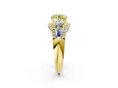 Yellow gold Three-Stone Fancy Yellow Round Cut Diamond Engagement Ring with Pave Band and Prong Setting_2