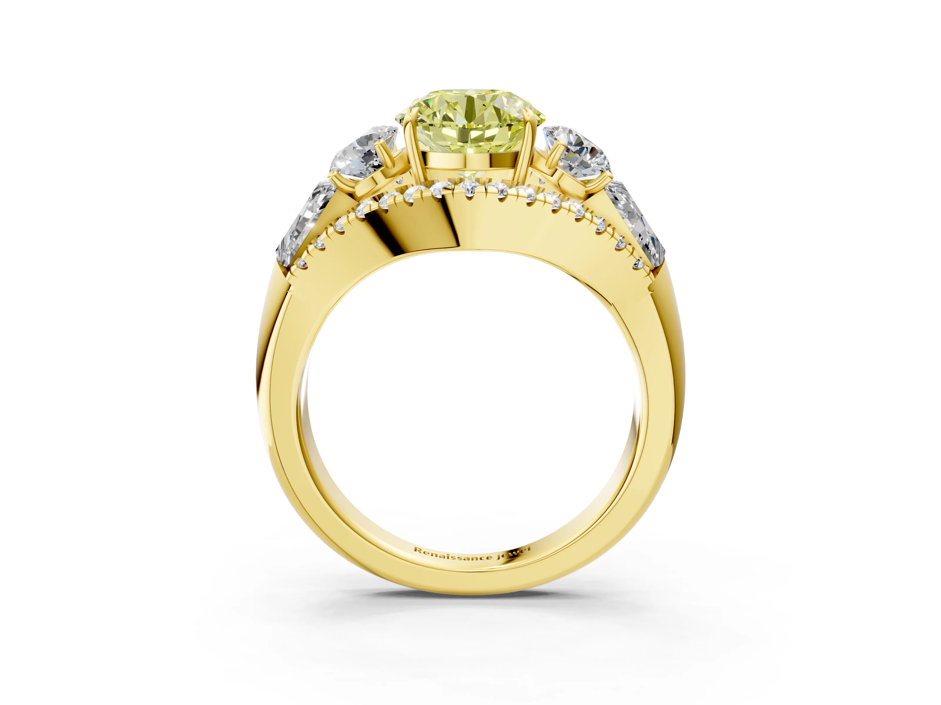 Yellow gold Three-Stone Fancy Yellow Round Cut Diamond Engagement Ring with Pave Band and Prong Setting_3