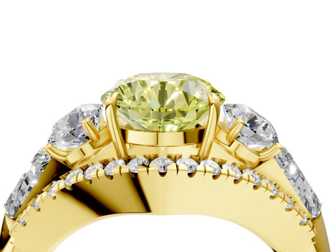 Yellow gold Three-Stone Fancy Yellow Round Cut Diamond Engagement Ring with Pave Band and Prong Setting_4