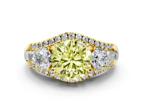 Yellow gold Three-Stone Fancy Yellow Round Cut Diamond Engagement Ring with Pave Band and Prong Setting