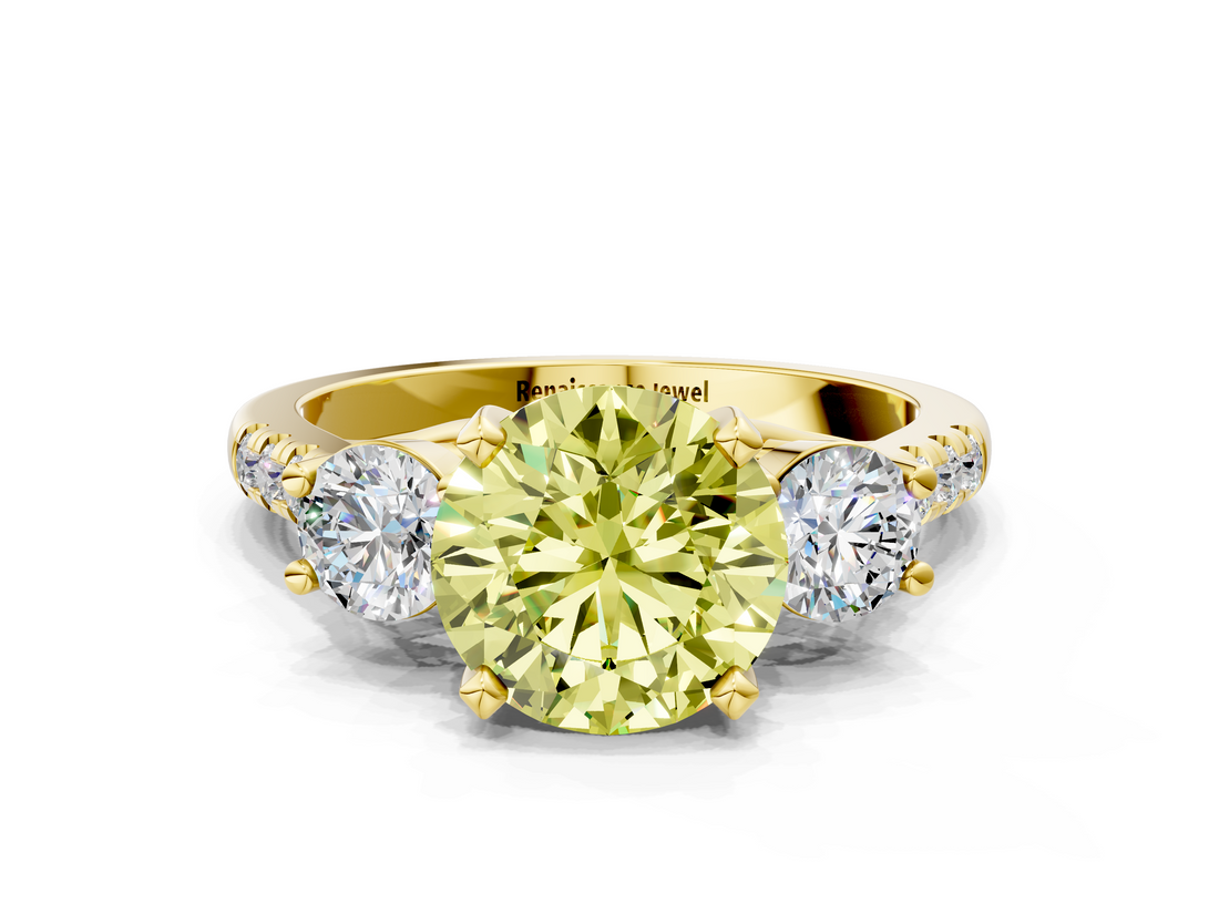 Yellow gold Three-Stone Fancy Yellow Round  Cut Diamond Pavé Band with Four-Prong Setting
