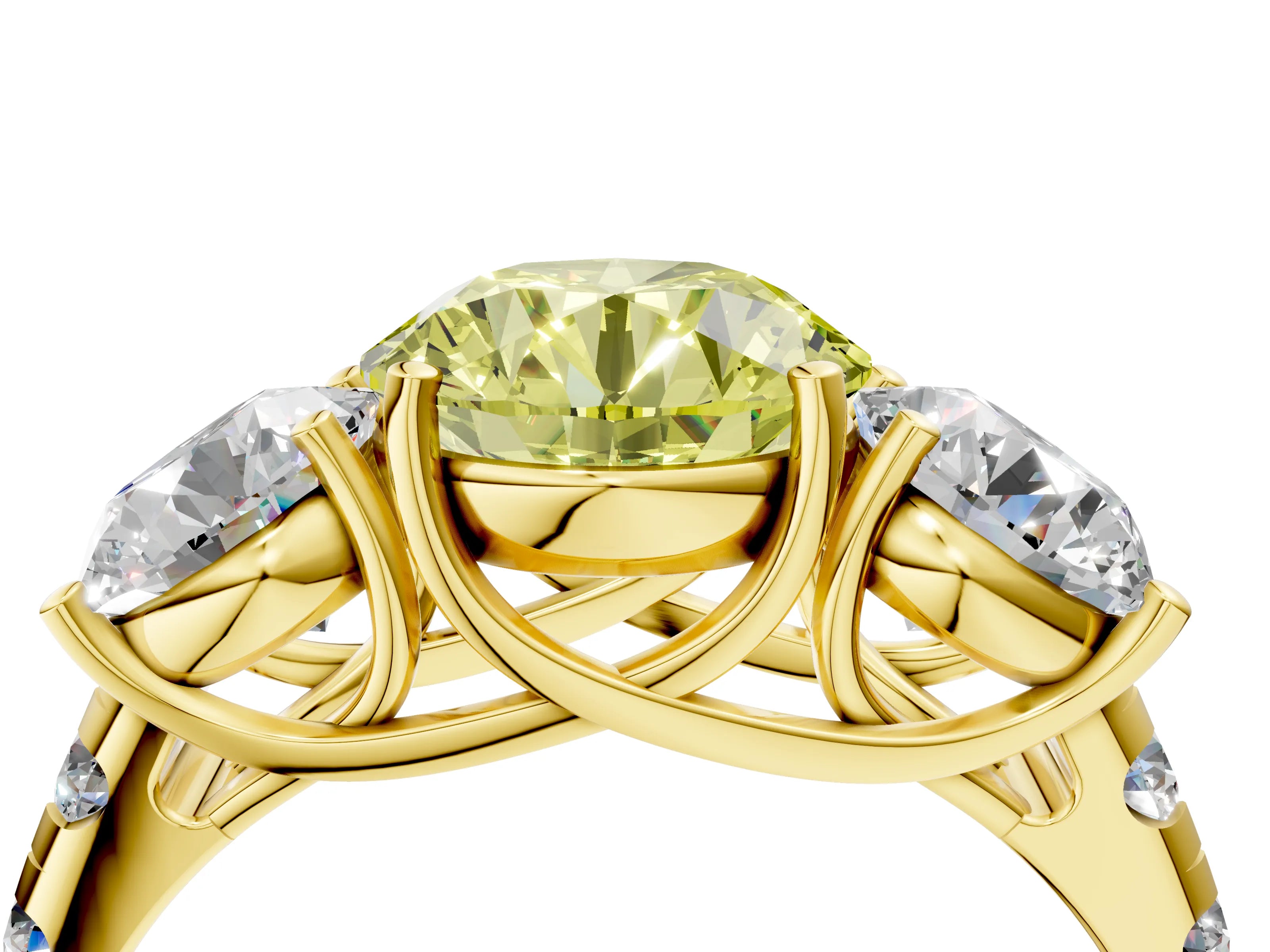 Yellow gold Three-Stone Fancy Yellow Round Cut Diamond Pavé Band with Prong Setting_4