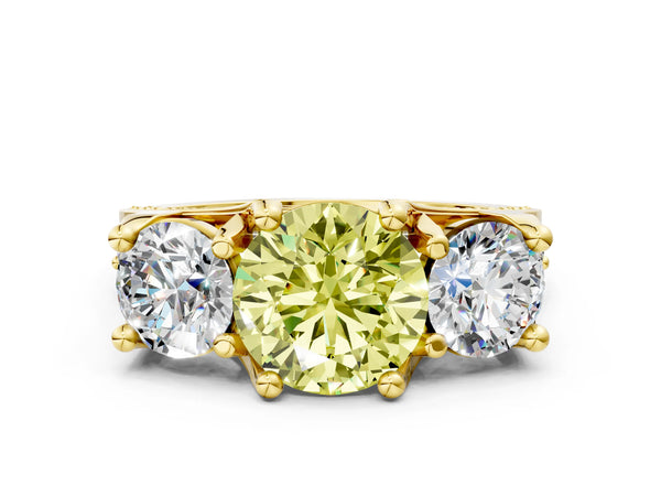 Yellow Gold Round Three Stone Pave Engagement Ring Setting for Fancy Yellow Center with Near-Equal Side Stones
