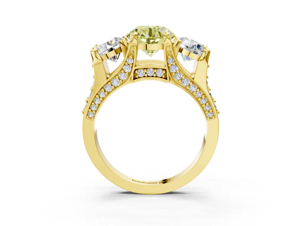 Yellow Gold Round Three Stone Pave Engagement Ring Setting for Fancy Yellow Center with Near-Equal Side Stones