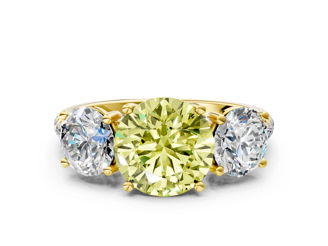 Yellow gold Three-Stone Fancy Yellow Round Cut Diamond Ring with Pavé Band and Prong Setting_46
