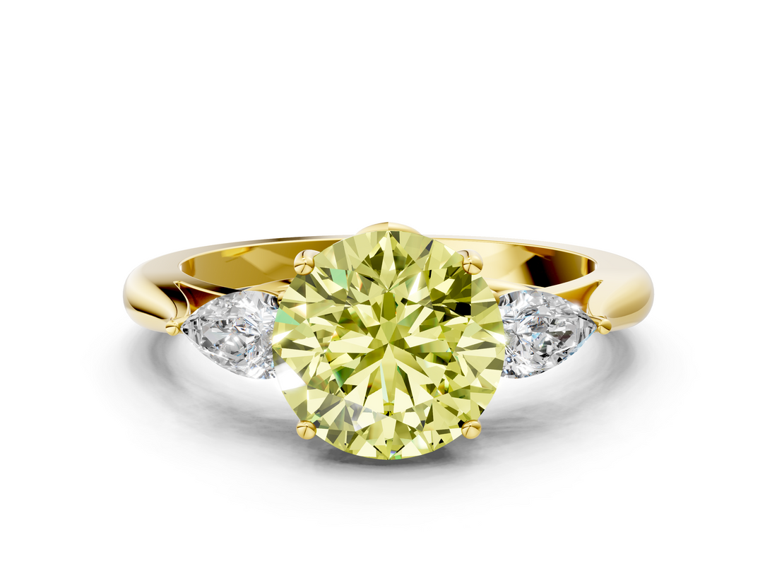 Yellow gold Three-Stone Fancy Yellow Round  Cut Diamond Ring with Pear Side Stones in Four-Prong Setting
