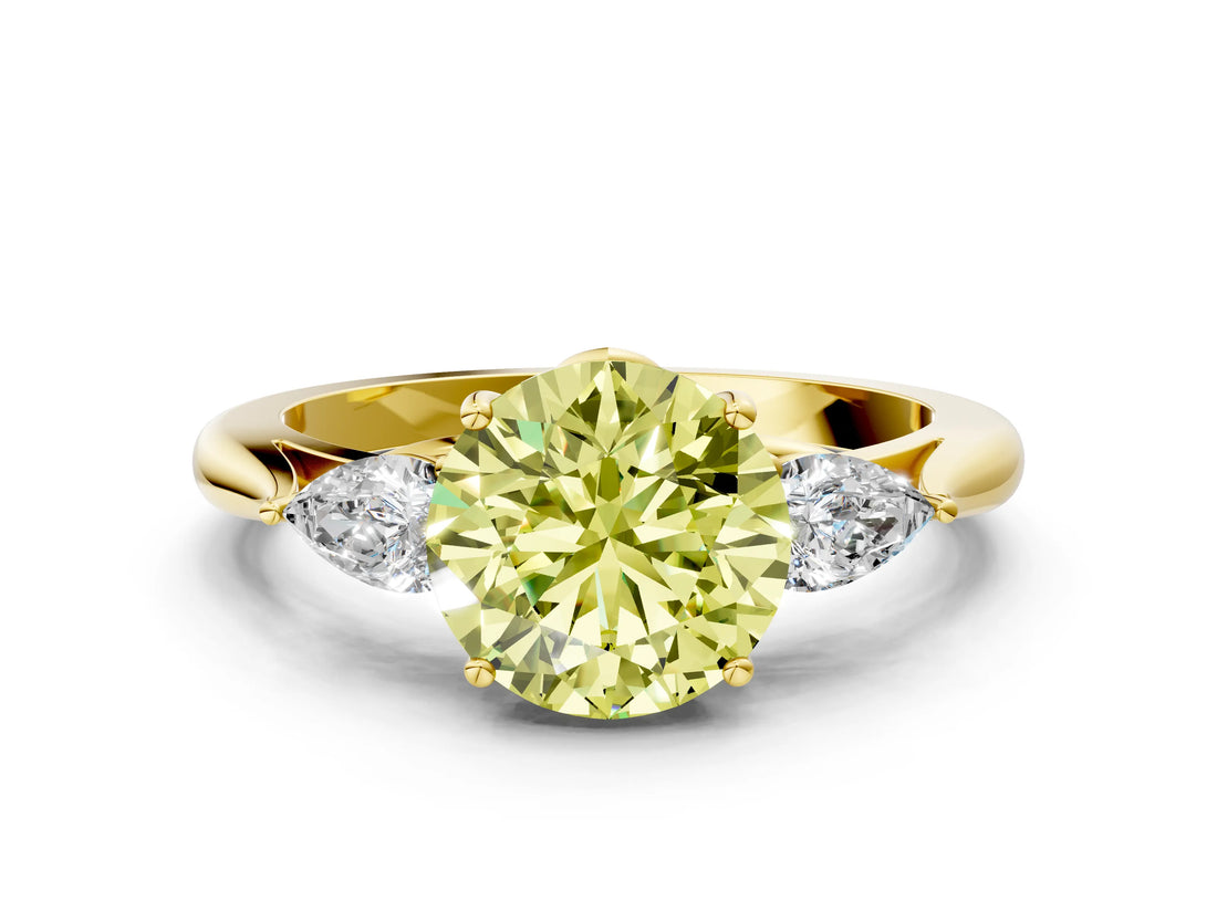 Yellow gold Three-Stone Fancy Yellow Round Cut Diamond Ring with Pear  Side Stones in Four-Prong Setting_36