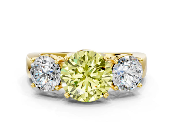 Yellow gold Three-Stone Fancy Yellow Round Cut Diamond Ring with Round Side Stones, Classic Band, and Four-Prong Setting