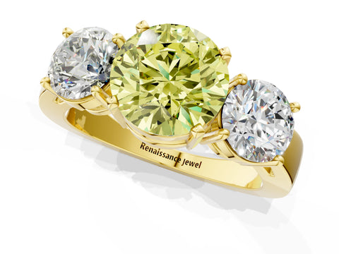 Yellow gold Three-Stone Fancy Yellow Round Cut Diamond Ring with Round Side Stones, Classic Band, and Four-Prong Setting_1