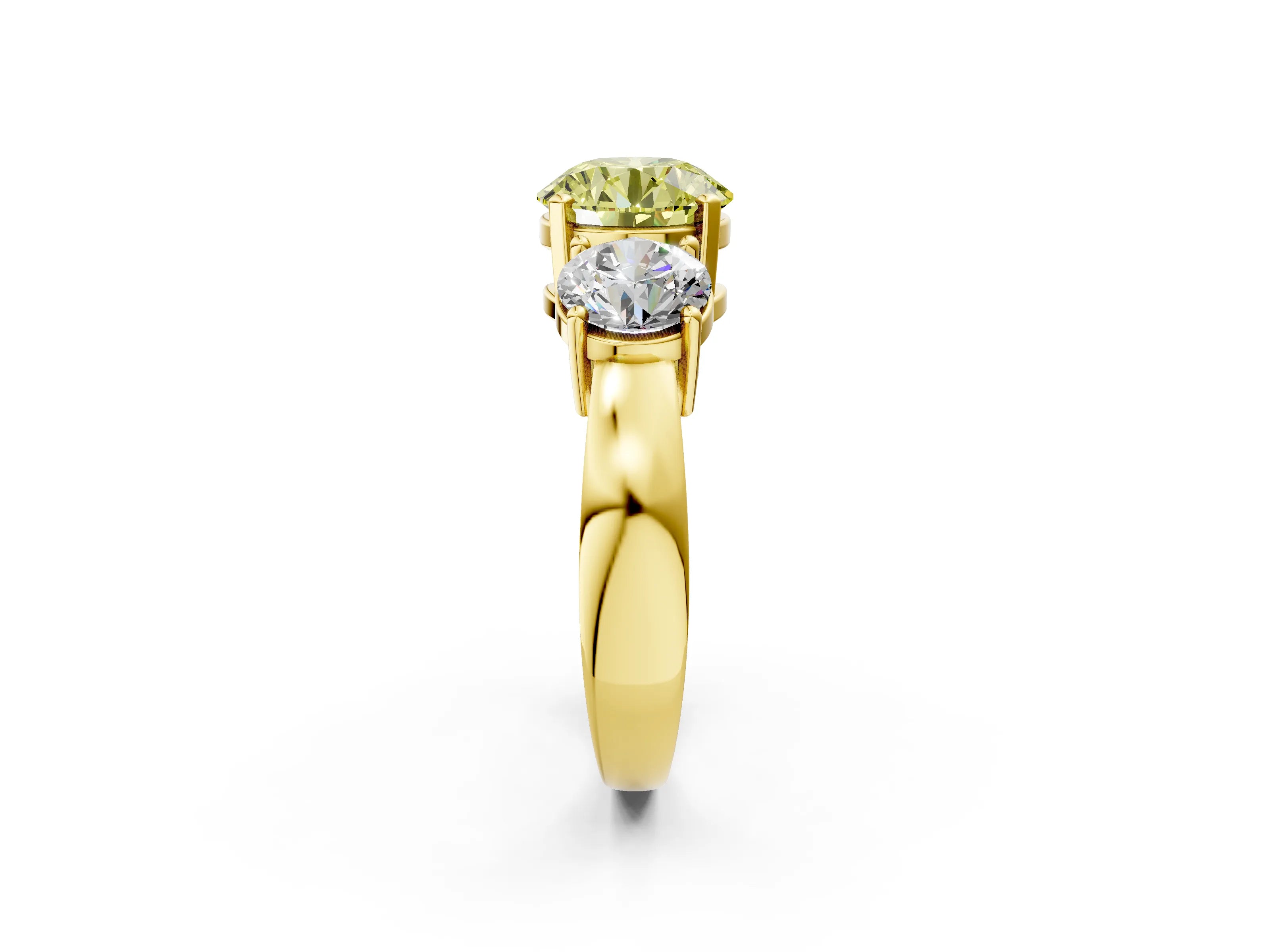 Yellow gold Three-Stone Fancy Yellow Round Cut Diamond Ring with Round Side Stones, Classic Band, and Four-Prong Setting_2