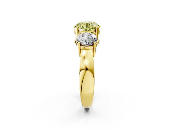 Yellow gold Three-Stone Fancy Yellow Round Cut Diamond Ring with Round Side Stones, Classic Band, and Four-Prong Setting