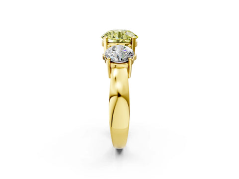 Yellow gold Three-Stone Fancy Yellow Round Cut Diamond Ring with Round Side Stones, Classic Band, and Four-Prong Setting_2