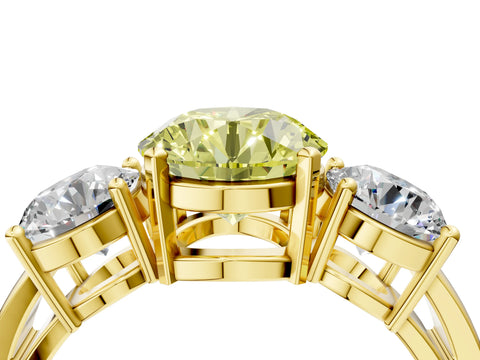 Yellow gold Three-Stone Fancy Yellow Round Cut Diamond Ring with Round Side Stones, Classic Band, and Four-Prong Setting_4