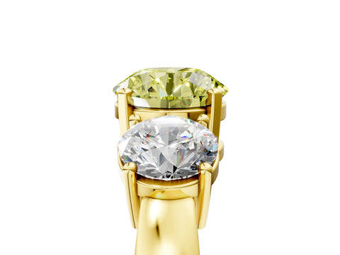 Yellow gold Three-Stone Fancy Yellow Round Cut Diamond Ring with Round Side Stones, Classic Band, and Four-Prong Setting_5