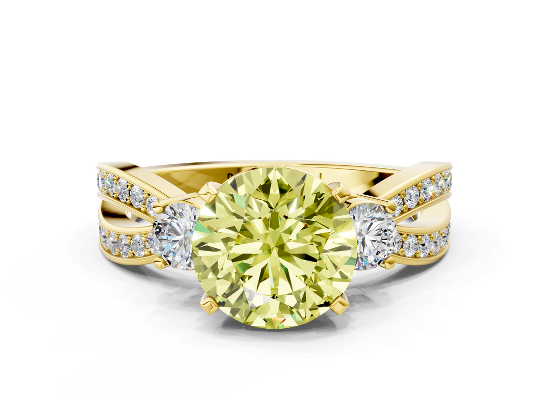 Yellow gold Three-Stone Fancy Yellow Round  Cut Diamond Twist Band with Prong Setting