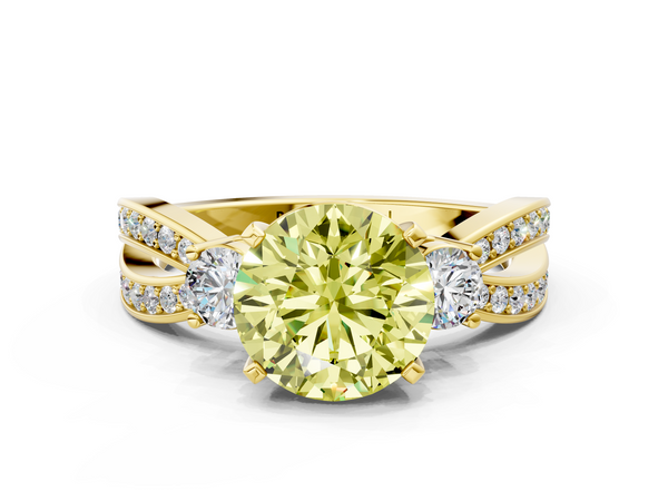 Yellow Gold Round Three Stone Engagement Ring Setting for Fancy Yellow Center with Pave Twist Band
