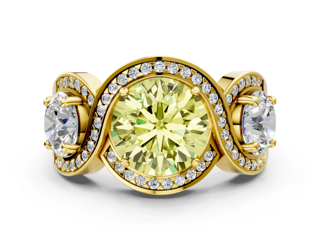 Yellow gold Three-Stone Fancy Yellow Round Cut Diamond Wave Pave Band with Prong Setting