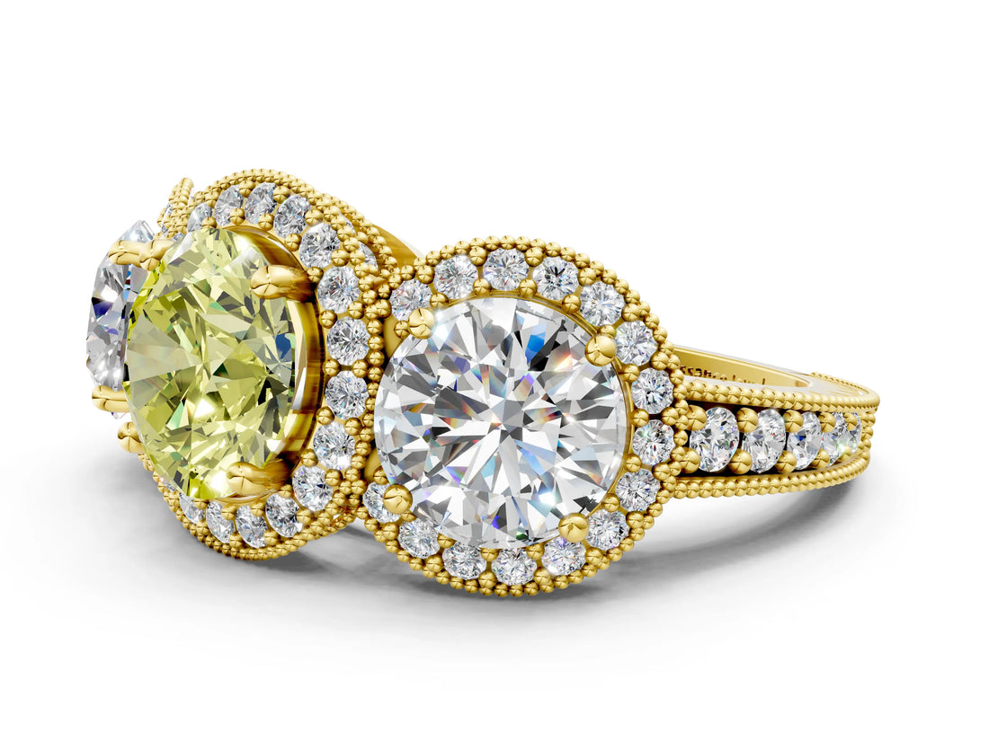 Yellow gold Three-Stone Fancy Yellow Round Cut Halo Diamond Milgrain Band with Four-Prong Setting