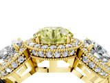 Yellow gold Three-Stone Fancy Yellow Round Cut Halo Diamond Milgrain Band with Four-Prong Setting_4