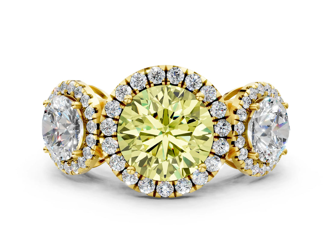Yellow gold Three-Stone Fancy Yellow Round Cut Halo Diamond Ring with Pave Band and Four-Prong Setting
