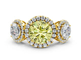 Yellow gold Three-Stone Fancy Yellow Round Cut Halo Diamond Ring with Pave Band and Four-Prong Setting