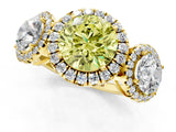 Yellow gold Three-Stone Fancy Yellow Round Cut Halo Diamond Ring with Pave Band and Four-Prong Setting_1