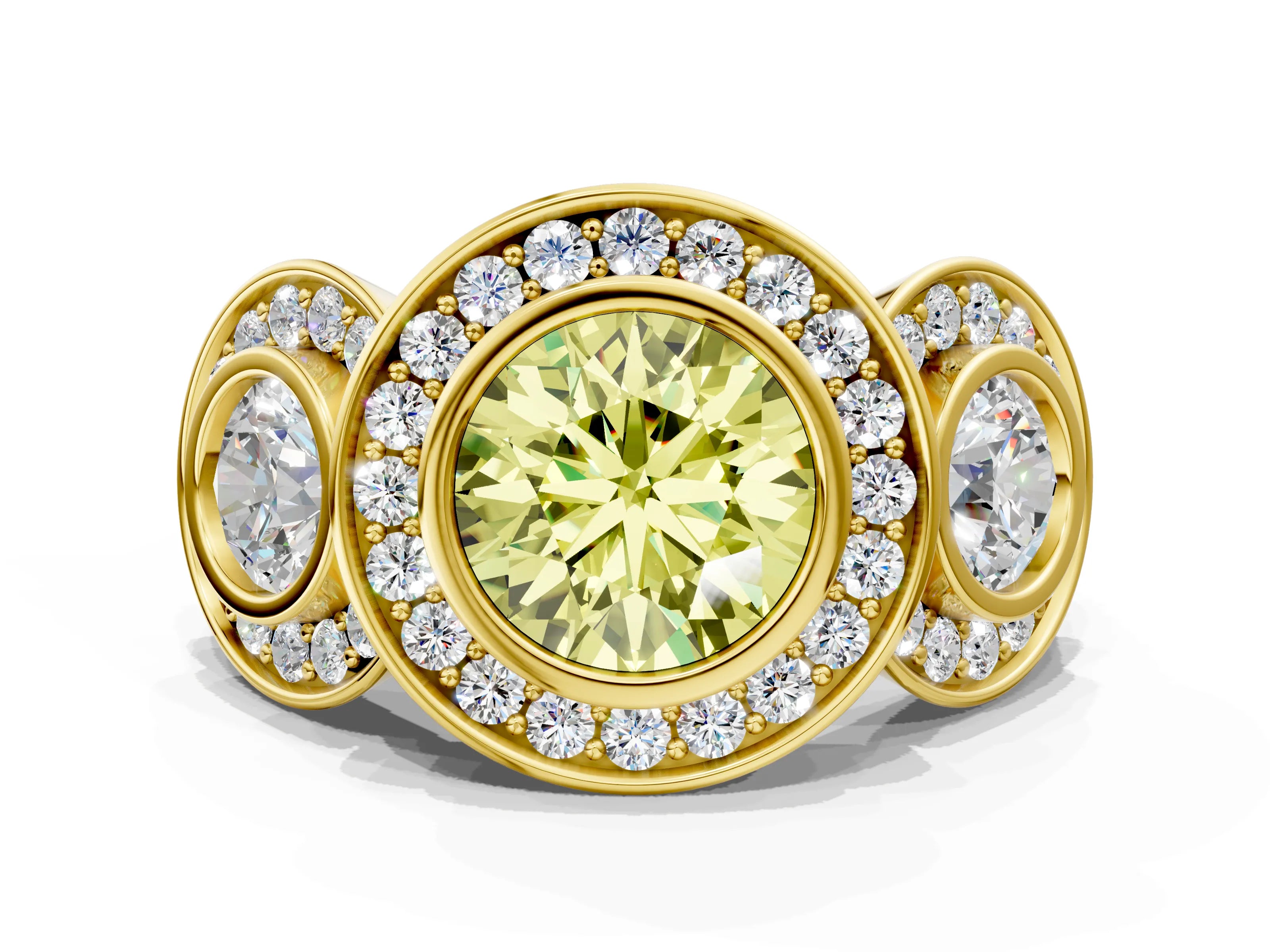 Yellow gold Three-Stone Fancy Yellow Round Cut Halo Pavé Diamond Ring