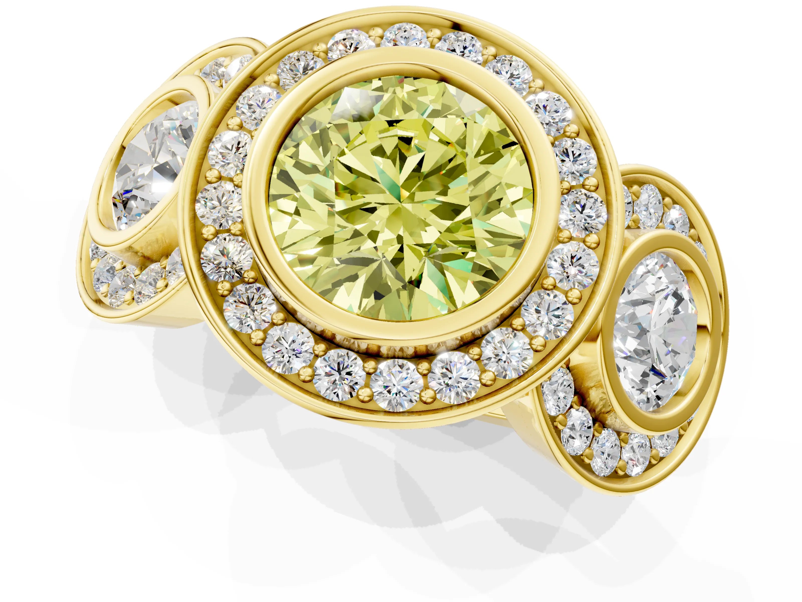 Yellow gold Three-Stone Fancy Yellow Round Cut Halo Pavé Diamond Ring_1