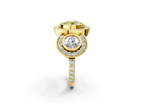 Yellow gold Three-Stone Fancy Yellow Round Cut Halo Pavé Diamond Ring_2
