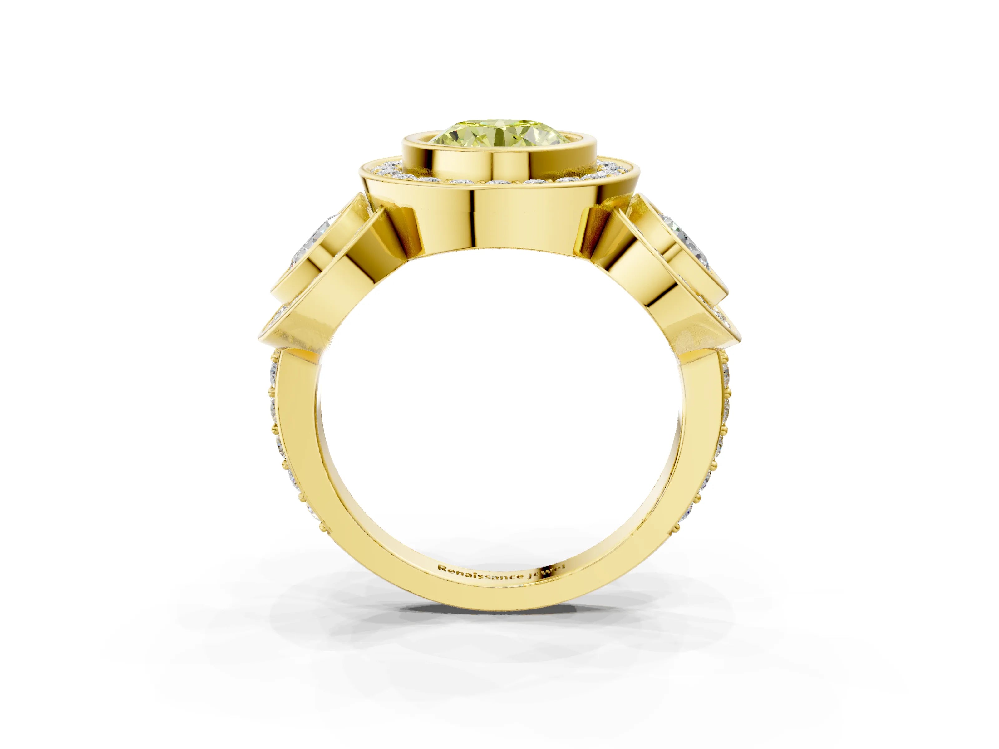 Yellow gold Three-Stone Fancy Yellow Round Cut Halo Pavé Diamond Ring_3