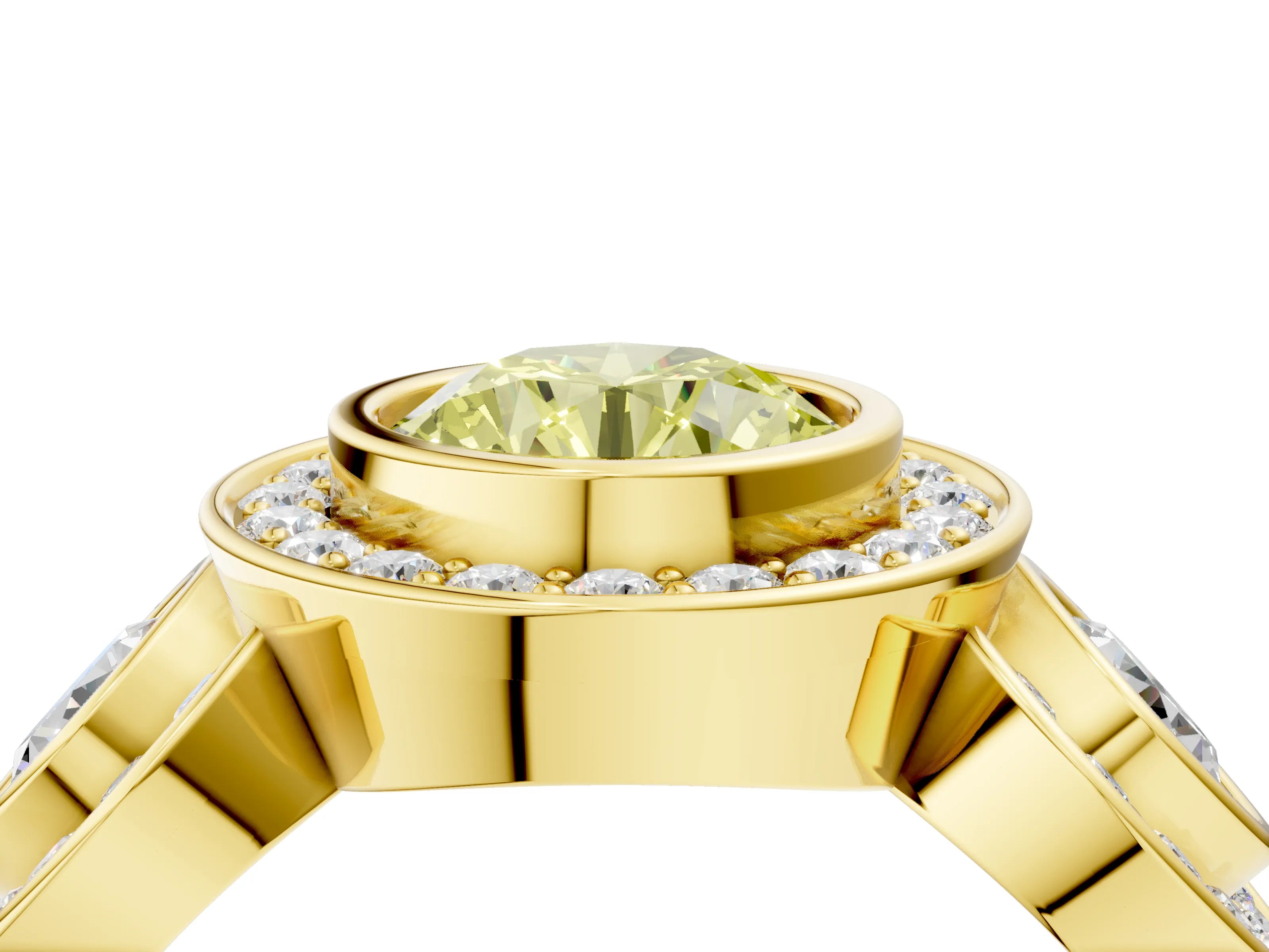 Yellow gold Three-Stone Fancy Yellow Round Cut Halo Pavé Diamond Ring_4