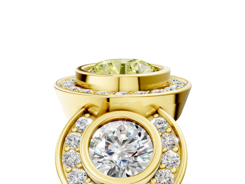 Yellow gold Three-Stone Fancy Yellow Round Cut Halo Pavé Diamond Ring_5