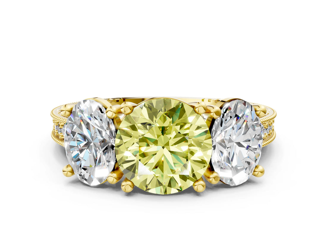 Yellow gold Three-Stone Fancy Yellow Round  Diamond Milgrain Pave Band with Prong Setting